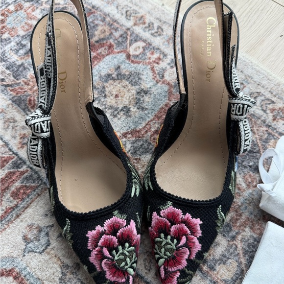 Dior Black and Pink Embroidered Slingback Heels - Picture 1 of 5